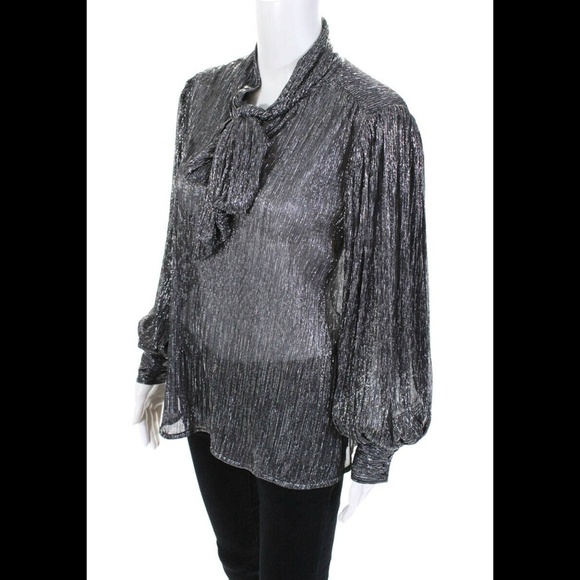 SUNCOO PARIS LYNSEE METALLIC TIE NECK BLOUSE SILVER TOP SZ T1 - Picture 1 of 11